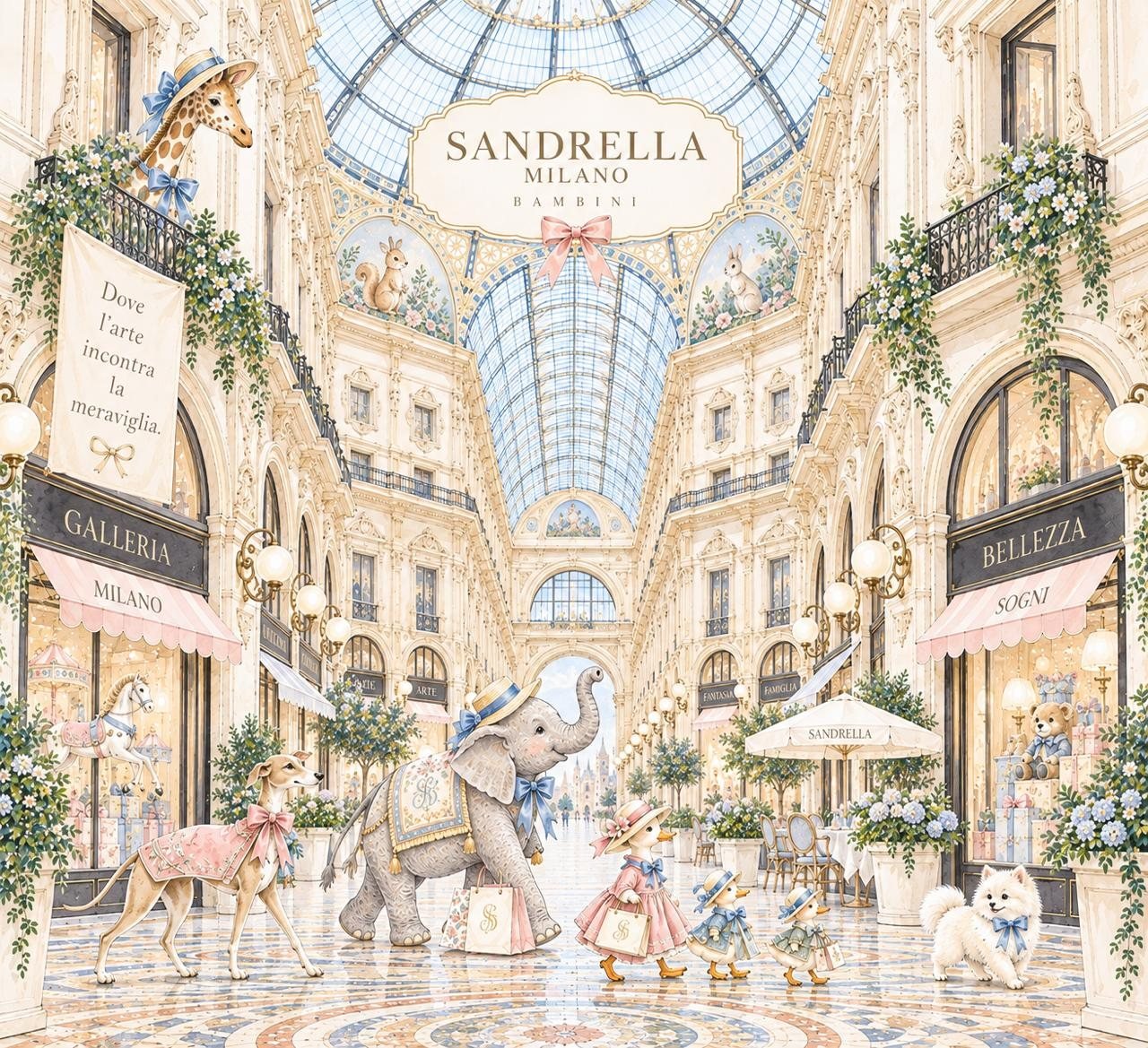 Ilustração da Galleria de Milão com a placa Sandrella Milano Bambini, animais elegantes passeando com sacolas de compras e vitrines com toldos rosa