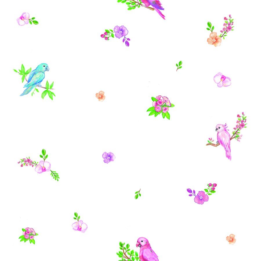 Estampa de passarinhos e flores em aquarela