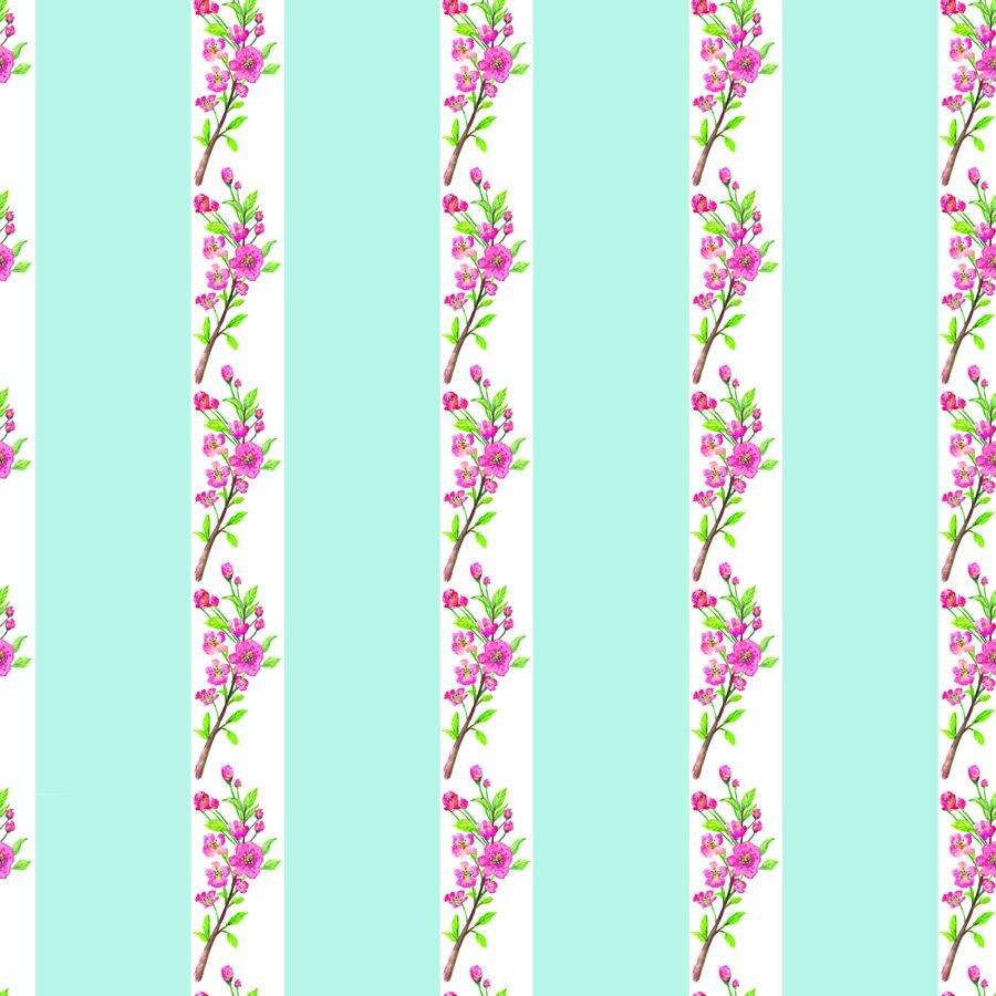 Papel de parede listrado com ramos floridos em aquarela